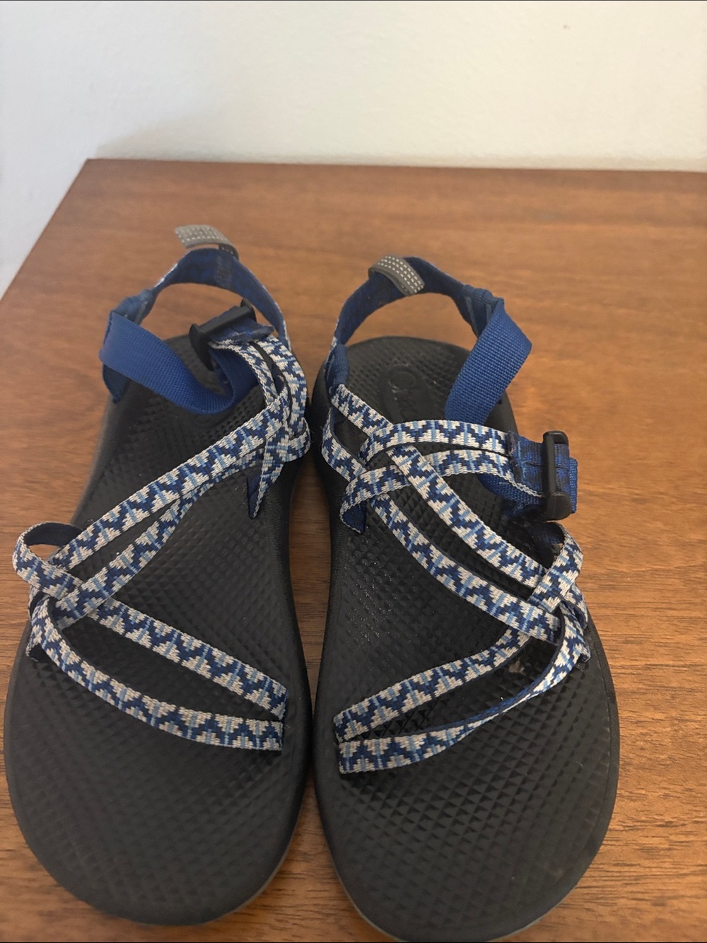 Chaco Women's Blue Patterned Strap Sandals with Black Footbed